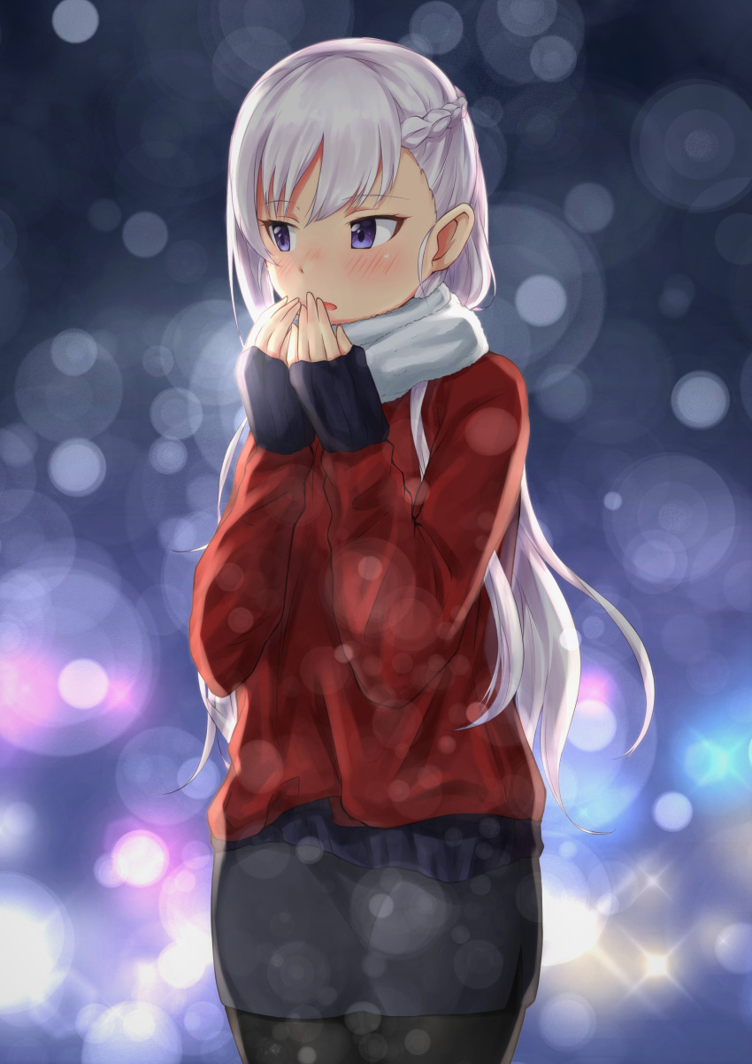 1girl absurdres azur_lane belfast_(azur_lane) blush grey_hair highres long_hair pantyhose scarf short_hair skirt sleeves_past_wrists snowing solo sweater taka-chan violet_eyes white_scarf winter