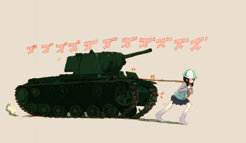 1girl black_hair closed_eyes girls_und_panzer ground_vehicle hat kv-1 mika_(girls_und_panzer) military military_vehicle motor_vehicle mukurosaki_mukuro tank tug