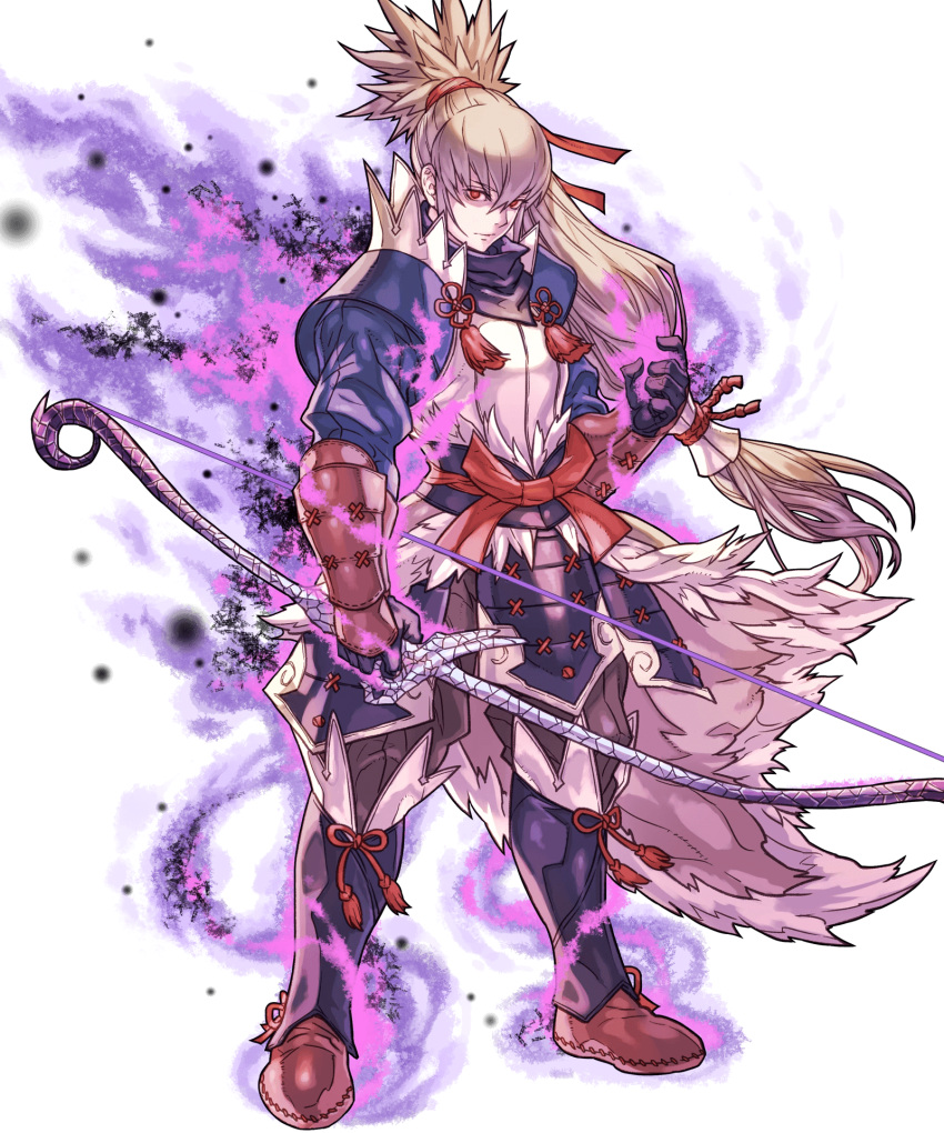 1boy armor artist_request aura bangs bow_(weapon) dark_aura fire_emblem fire_emblem_heroes fire_emblem_if full_body gloves grey_hair highres holding holding_bow_(weapon) holding_weapon japanese_clothes long_hair long_sleeves looking_at_viewer male_focus official_art pants red_eyes solo takumi_(fire_emblem_if) transparent_background weapon