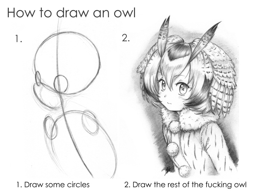 1girl artist_name blush closed_mouth coat commentary english eyebrows_visible_through_hair from_side fur_collar greyscale hair_between_eyes highres how_to_draw_an_owl isaki_tanaka kemono_friends monochrome multicolored_hair northern_white-faced_owl_(kemono_friends) number signature sketch upper_body white_background