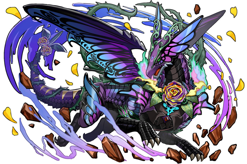 claws colorful commentary_request debris dragon fairy_wings flower green_eyes highres isaroishin looking_at_viewer multicolored no_humans open_mouth original rock rose sharp_teeth solo teeth wings