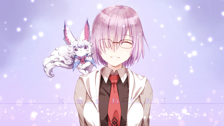 1girl animal animal_on_shoulder black_shirt closed_eyes eyebrows_visible_through_hair fate/grand_order fate_(series) fou_(fate/grand_order) grin hair_over_one_eye highres jh looking_at_viewer mash_kyrielight necktie purple_hair red_neckwear shirt short_hair smile solo unzipped upper_body
