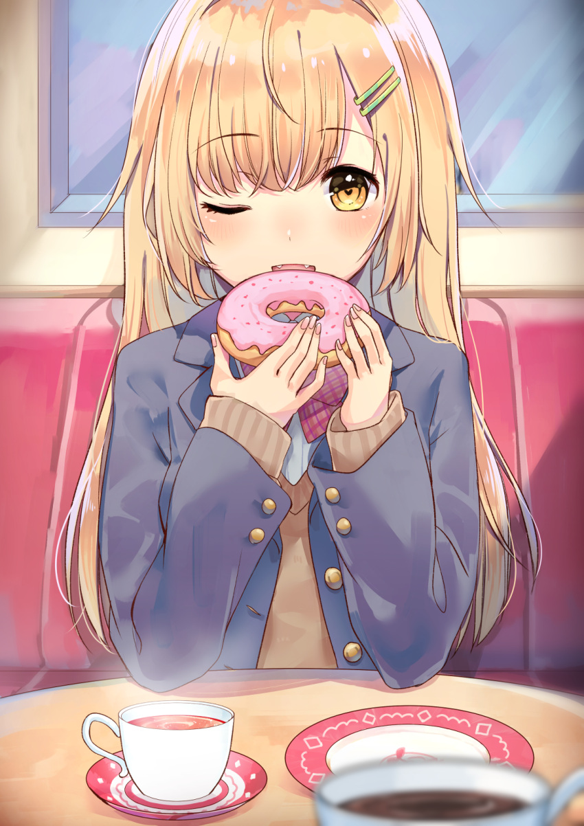 1girl blazer blonde_hair blurry blush cona_kinaco cup depth_of_field doughnut eyebrows_visible_through_hair fangs food hair_ornament hairclip heart heart-shaped_pupils highres holding holding_food jacket long_hair long_sleeves looking_at_viewer one_eye_closed open_blazer open_clothes open_jacket open_mouth original pink_neckwear plaid_neckwear plate saucer school_uniform sitting solo steam sweater symbol-shaped_pupils table teacup yellow_eyes