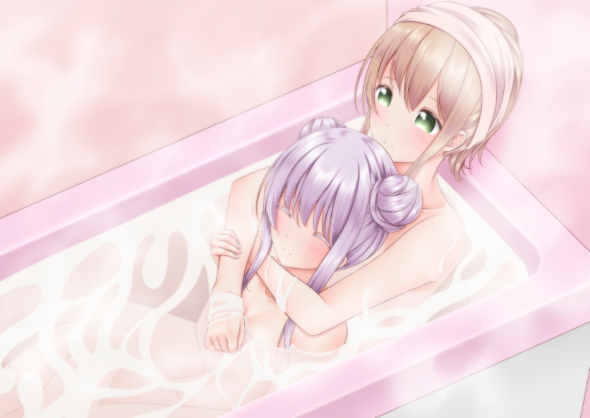 2girls ^_^ alternate_hairstyle bangs bath bathing bathtub blush closed_eyes closed_mouth collarbone commentary_request double_bun dutch_angle eyebrows_visible_through_hair green_eyes hair_between_eyes highres hug hug_from_behind indoors light_brown_hair long_hair multiple_girls naginagiwaffle nude partially_submerged purple_hair sengoku_kamuri shared_bathing side_bun sidelocks slow_start smile tokura_eiko towel towel_on_head wet