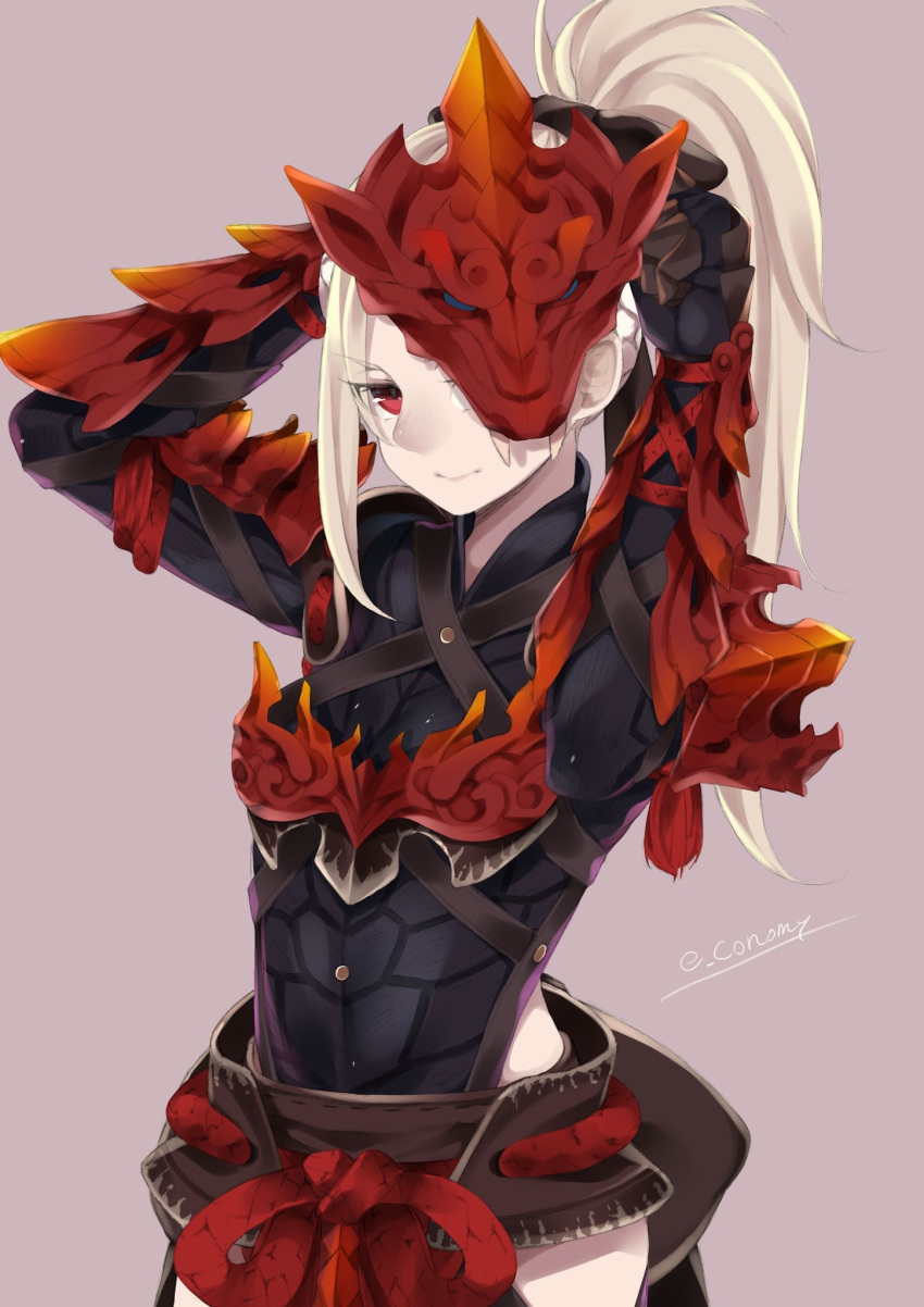 1girl armor arms_behind_head blonde_hair closed_mouth commentary_request e_draw_paint highres long_hair looking_at_viewer monster_hunter monster_hunter:_world odogaron_(armor) ponytail red_eyes simple_background smile solo upper_body