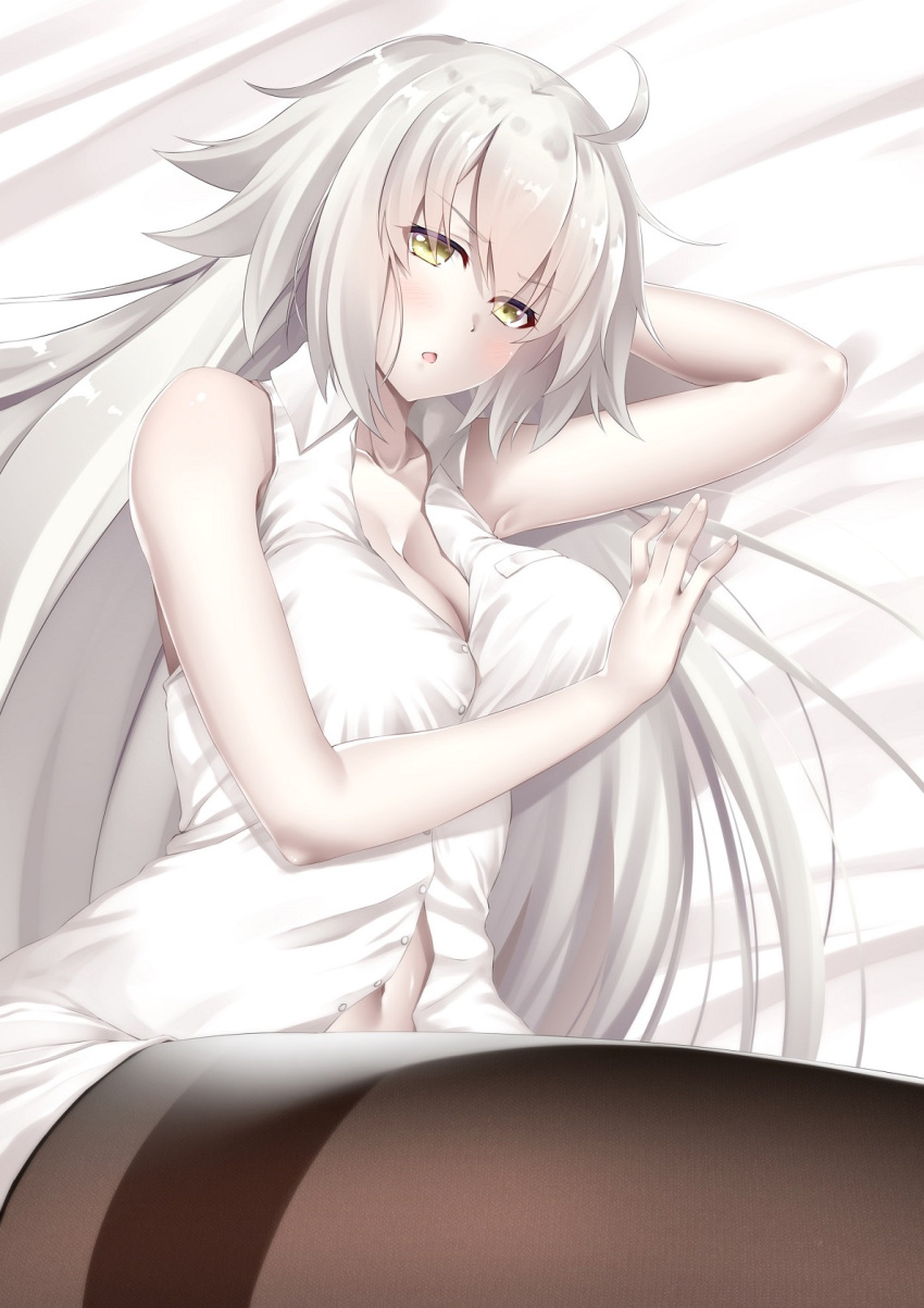 1girl ahoge asakura_kukuri bare_shoulders black_legwear blush breasts buttons cleavage collarbone fate/grand_order fate_(series) highres jeanne_d'arc_(alter)_(fate) jeanne_d'arc_(fate)_(all) large_breasts long_hair looking_at_viewer lying navel on_side open_mouth pantyhose shirt silver_hair thighband_pantyhose very_long_hair white_hair white_shirt yellow_eyes