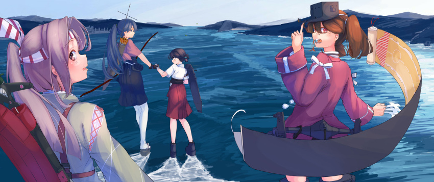 4girls aircraft airplane arrow black_hair blue_hair blue_hakama blue_ribbon bow_(weapon) brown_eyes brown_hair flight_deck folded_ponytail from_behind gloves hachimaki hair_ribbon hakama hakama_skirt hand_holding headband high_ponytail highres houshou_(kantai_collection) japanese_clothes kantai_collection kasuga_maru_(kantai_collection) kimono light_brown_hair long_hair long_sleeves multiple_girls ocean onmyouji open_mouth outdoors platform_footwear ponytail quiver red_hakama ribbon rigging ryuujou_(kantai_collection) scroll shiragiku1991 short_hair short_sleeves standing standing_on_liquid tasuki twintails visor_cap weapon white_legwear zuihou_(kantai_collection)