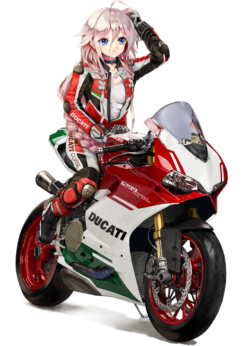 1girl absurdres ahoge alternate_costume arm_up biker_clothes black_choker blue_eyes braid breasts choker clothes_writing collarbone commentary ducati elbow_pads eyebrows_visible_through_hair full_body ground_vehicle hair_between_eyes hand_in_hair highres ia_(vocaloid) knee_pads long_hair motor_vehicle motorcycle parted_lips partially_unzipped shiny shiny_hair shirt shoulder_pads simple_background sitting small_breasts smile solo straddling takepon1123 upright_straddle very_long_hair vocaloid white_background white_shirt