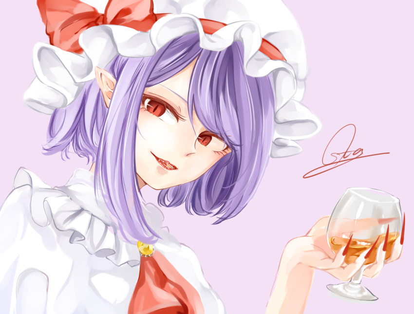 1girl alcohol bangs bow cravat cup cupping_glass drinking_glass eyelashes fangs fingernails frilled_shirt_collar frills hair_between_eyes hat hat_bow head_tilt holding holding_drinking_glass lavender_background lavender_hair lipstick makeup mascara mob_cap nail_polish open_mouth pointy_ears red_bow red_eyes red_lips red_lipstick red_nails remilia_scarlet sharp_fingernails shirt short_hair short_sleeves sidelocks signature simple_background slit_pupils smile solo souta_(karasu_no_ouchi) tongue touhou vampire white_hat white_shirt wine_glass