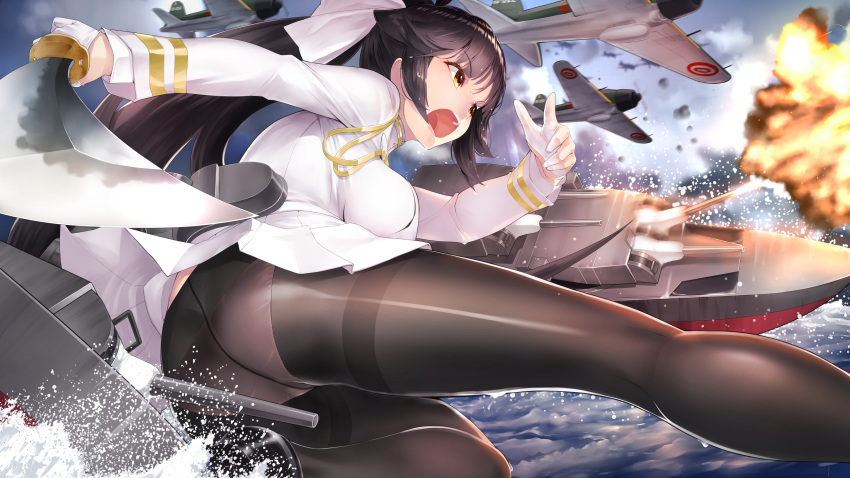 1girl absurdres ass azur_lane bangs black_footwear black_hair black_legwear blunt_bangs bow breasts cannon clouds cloudy_sky commentary_request crotch_seam day explosion eyebrows_visible_through_hair eyelashes from_behind from_side gloves hair_bow hair_flaps half_gloves hands_up highres holding holding_sword holding_weapon katana large_breasts loafers long_hair long_sleeves looking_to_the_side machinery military military_uniform miniskirt ocean open_mouth outdoors panties panties_under_pantyhose pantyhose pantyshot pantyshot_(squatting) pleated_skirt ponytail ready_to_draw ribbon rigging rin2008 scabbard sheath shiny shiny_clothes shoes skirt skirt_lift sky solo splashing squatting sword takao_(azur_lane) teeth thighband_pantyhose thighs tsurime turret underwear uniform unsheathed upper_teeth upskirt very_long_hair water weapon white_bow white_gloves white_panties white_ribbon white_skirt yellow_eyes