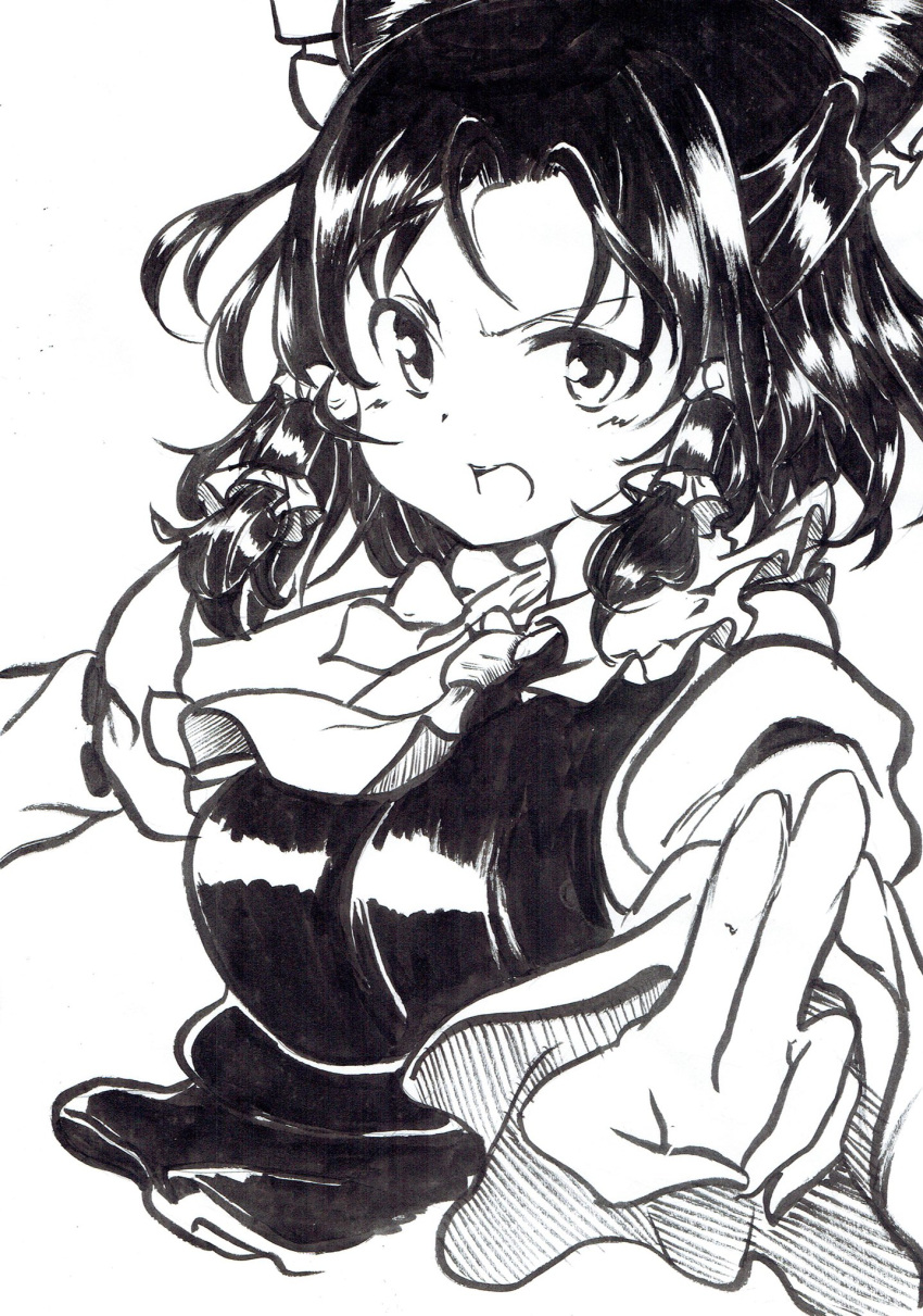 1girl angry ascot blouse bow breasts brushpen_(medium) detached_sleeves fingers_together frilled_shirt_collar frills fudepen_(medium) greyscale hair_bow hair_tubes hakurei_reimu highres looking_at_viewer mahiro_(akino-suisen) monochrome open_mouth outstretched_arms short_hair solo touhou traditional_media upper_body