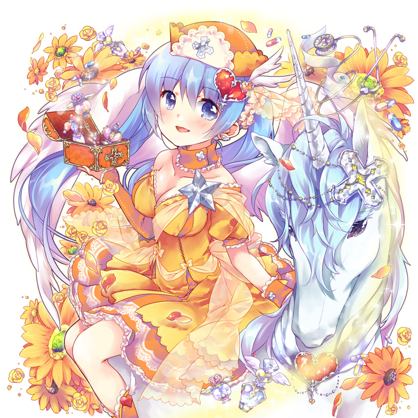 1girl blue_eyes blue_hair blush breasts cleavage collarbone detached_sleeves dress earrings eyebrows_visible_through_hair flower hair_ornament hat heart heart_hair_ornament highres holding jewelry long_hair looking_at_viewer medium_breasts nurse_cap open_mouth orange_dress pill potion riding solo stethoscope transparent_background unicorn wing_hair_ornament wrist_cuffs