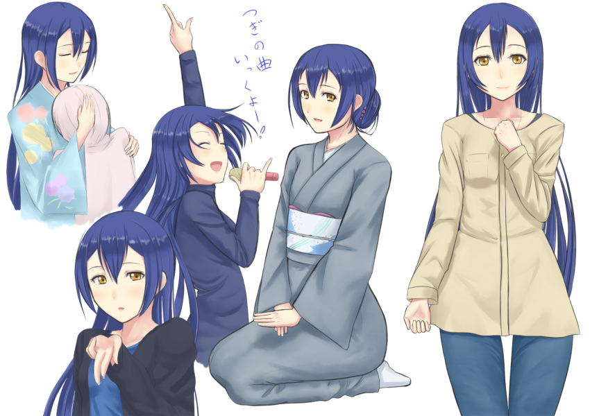 1girl ata_(egalite) bangs blue_hair blush closed_eyes commentary_request eyebrows_visible_through_hair hair_between_eyes hair_bun japanese_clothes kimono long_hair looking_at_viewer love_live! microphone multiple_persona music musical_note older open_mouth seiza simple_background singing sitting smile sonoda_umi white_background yellow_eyes