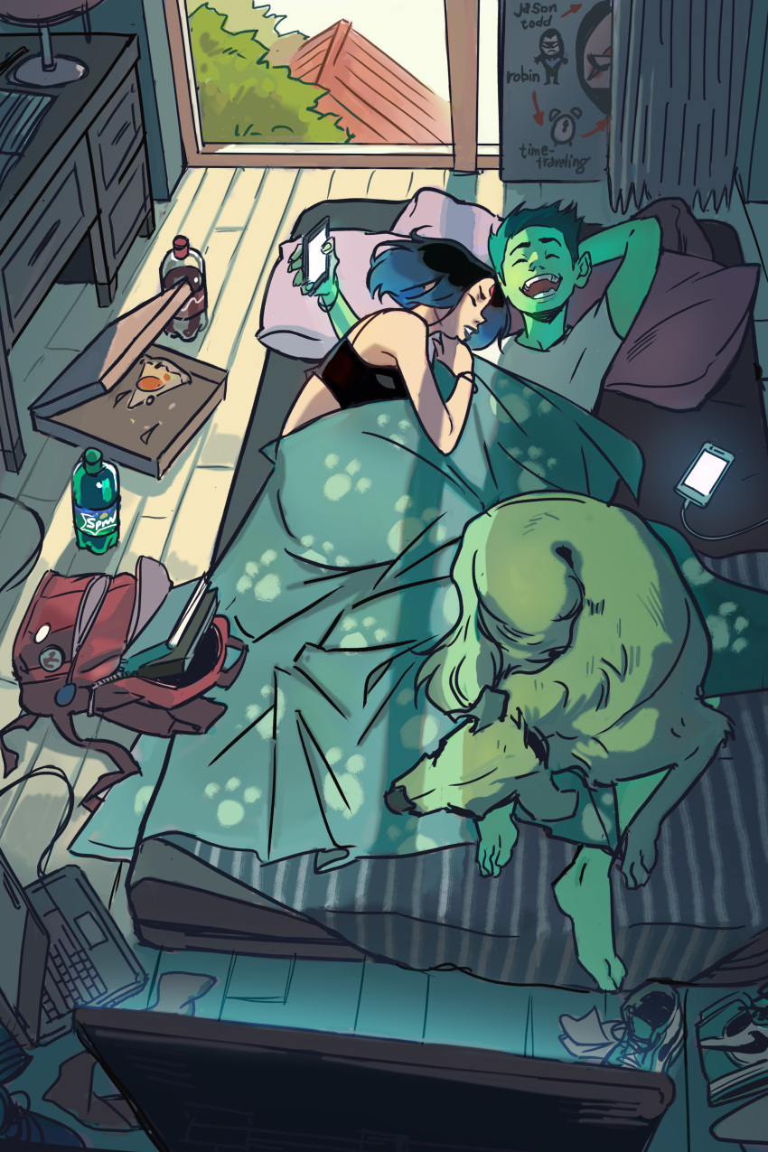 1boy 1girl absurdres beast_boy_(dc) bed couple dc_comics dog forehead_jewel gabriel_picolo grey_skin highres purple_hair raven_(dc) short_hair sleeping smile teen_titans