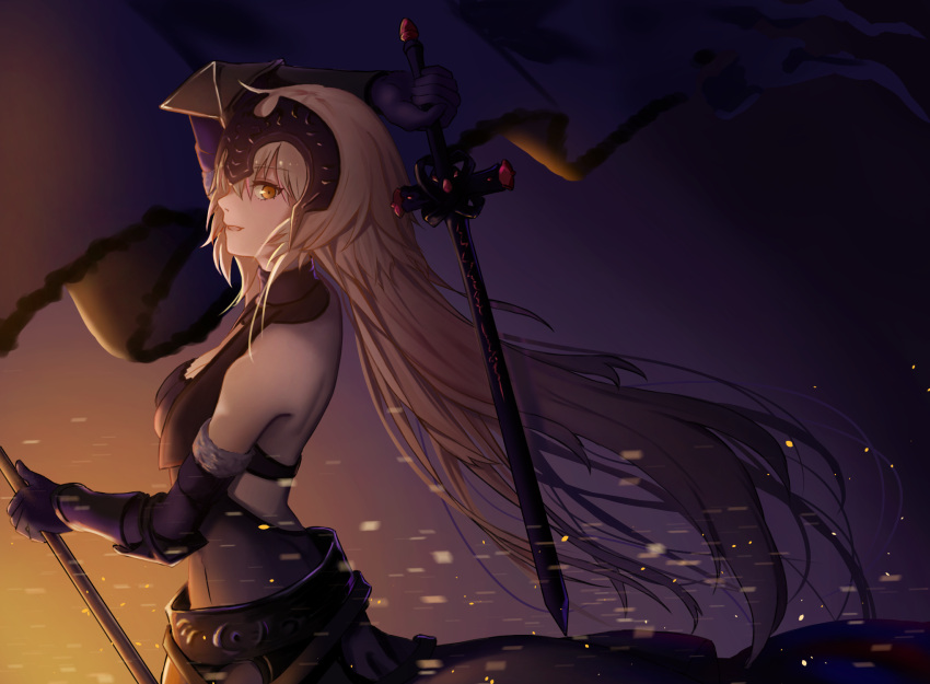 1girl arm_up black_dress blonde_hair breasts brown_eyes cleavage dress elbow_gloves fate/grand_order fate_(series) floating_hair from_side fur_trim gloves highres holding holding_sword holding_weapon jeanne_d'arc_(alter)_(fate) jeanne_d'arc_(fate)_(all) long_hair looking_at_viewer medium_breasts open_mouth purple_gloves sleeveless sleeveless_dress solo standing sword very_long_hair weapon yukidaifuku