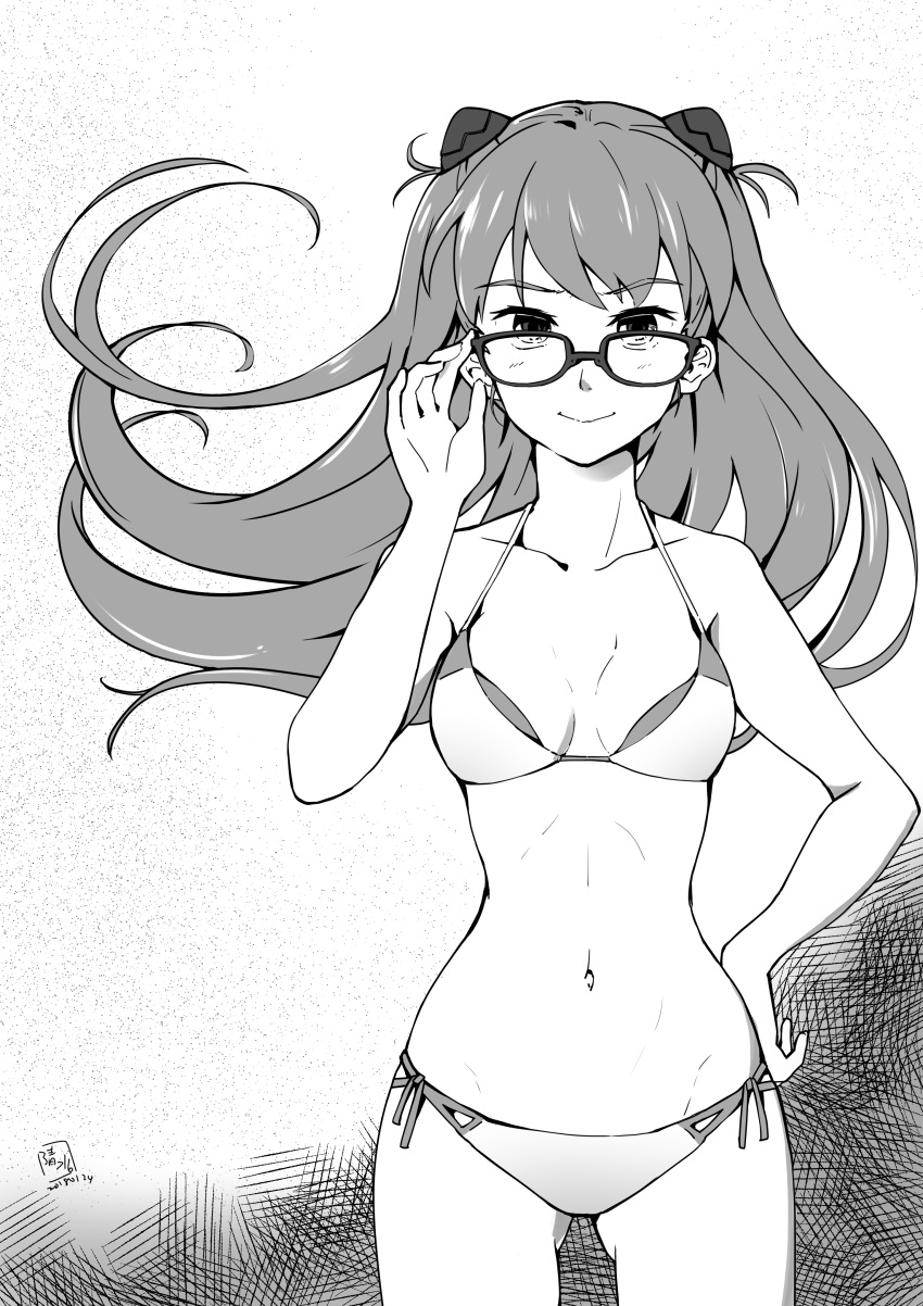 1girl absurdres adjusting_eyewear bangs bare_shoulders bespectacled bikini breasts closed_mouth collarbone cowboy_shot dated glasses gluteal_fold greyscale hair_ornament highres looking_at_viewer monochrome navel neon_genesis_evangelion side-tie_bikini signature simple_background small_breasts smile solo souryuu_asuka_langley standing swimsuit tainanstation