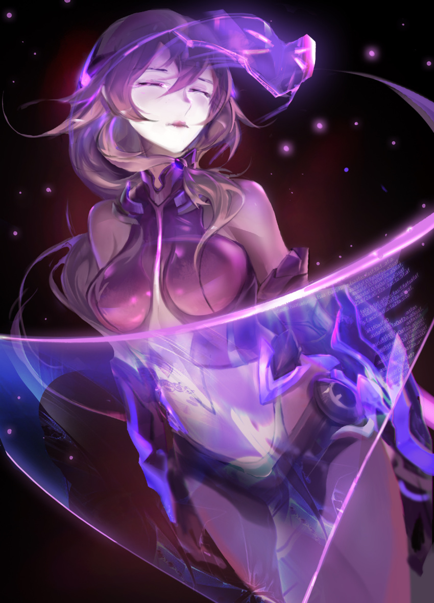 1girl breasts breasts_apart brown_hair closed_eyes floating_hair fu_hua hair_between_eyes highres honkai_impact leotard long_hair medium_breasts midriff navel_cutout purple_leotard rabbit_(tukenitian) solo stomach