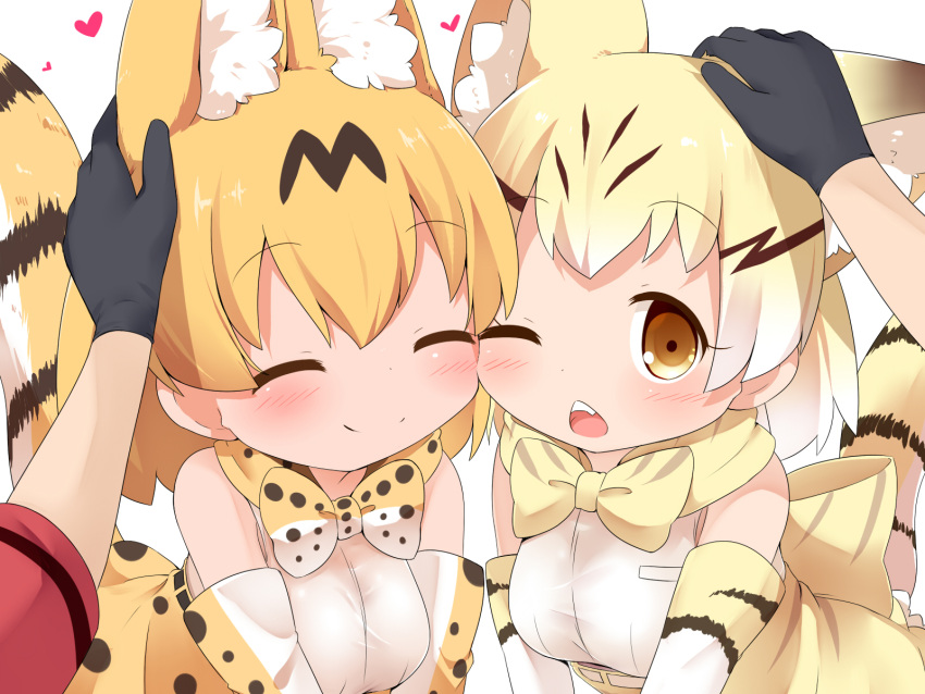3girls ^_^ animal_ears black_gloves blonde_hair blush bow bowtie brown_eyes cat_ears cat_tail cheek-to-cheek closed_eyes commentary elbow_gloves extra_ears eyebrows_visible_through_hair female_pov gloves hands_on_another's_head heart highres kaban_(kemono_friends) kemono_friends looking_at_viewer makuran multiple_girls one_eye_closed petting pov print_gloves print_neckwear sand_cat_(kemono_friends) sand_cat_print serval_(kemono_friends) serval_ears serval_print serval_tail shirt short_sleeves simple_background sleeveless sleeveless_shirt smile tail upper_body white_background