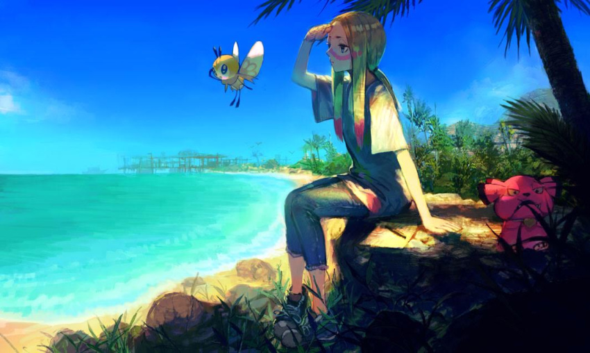 1girl beach blonde_hair blue_eyes blue_pants blue_sky commentary_request day facepaint from_side full_body grass half-closed_eyes hand_to_forehead hand_up heart long_hair looking_afar matsurika_(pokemon) ocean outdoors palm_tree pants pokemon pokemon_(creature) pokemon_(game) pokemon_sm ponytail ribombee ryono_mizuki ship shirt shoes short_sleeves sitting sky sneakers snubbull tree trial_captain watercraft white_shirt wings