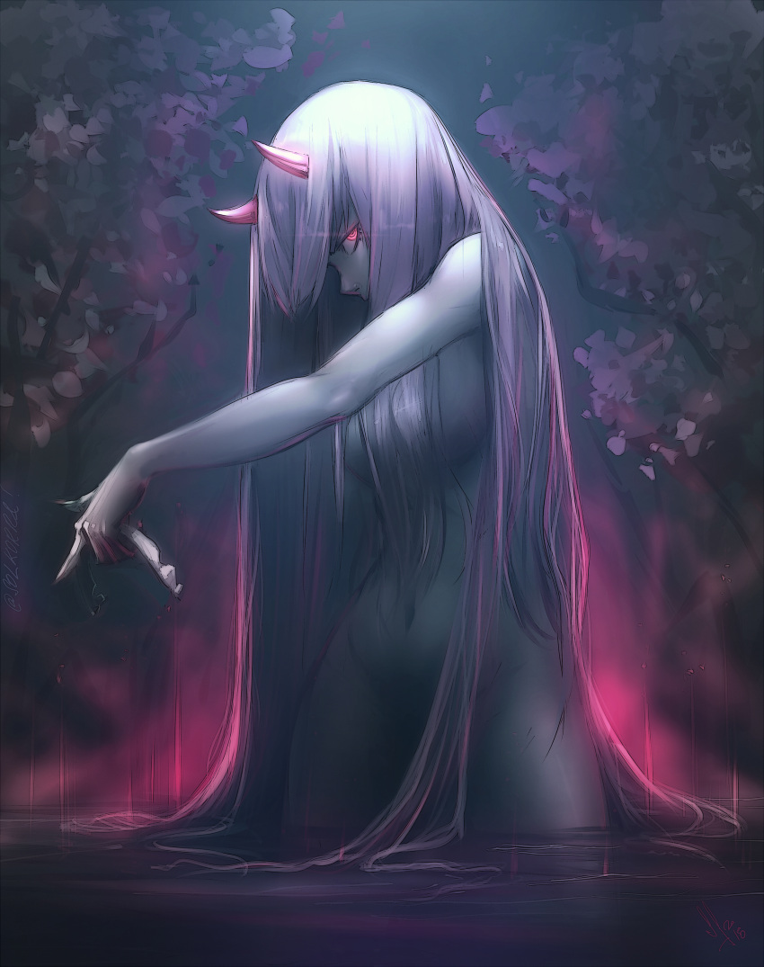 1girl absurdres branch darling_in_the_franxx glowing glowing_eyes hair_over_breasts hairband_removed highres horns long_hair looking_at_viewer navel nude partially_submerged pink_hair sol_ferrari solo stomach tree_branch very_long_hair zero_two_(darling_in_the_franxx)