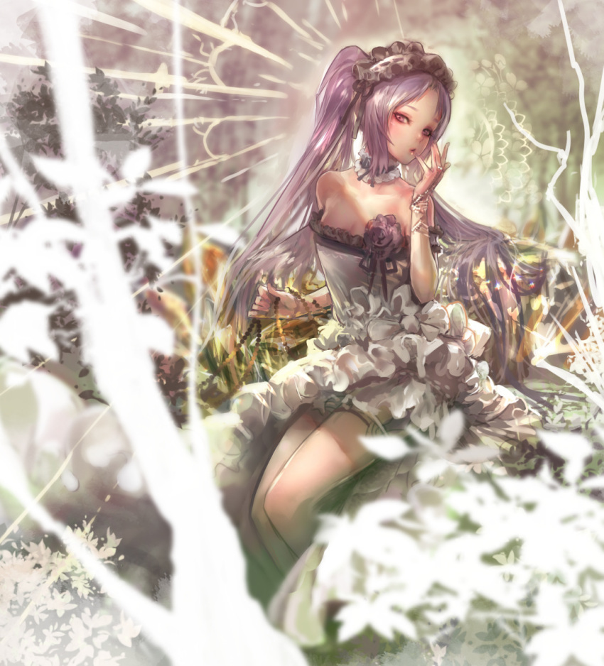 1girl bare_shoulders bracelet branch commentary_request dress fate/grand_order fate/hollow_ataraxia fate_(series) grass hairband highres jewelry kaburagi_yasutaka leaf lolita_hairband long_hair looking_at_viewer purple_hair sitting solo stheno strapless strapless_dress twintails violet_eyes white_dress