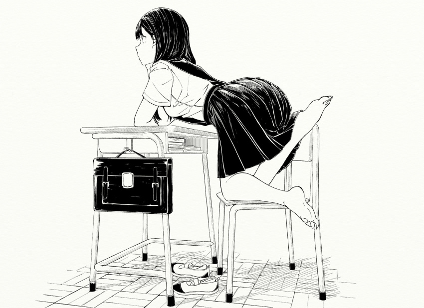 1girl arched_back bag bangs bare_legs chair closed_mouth desk from_side greyscale highres hiwatari_rin monochrome original profile school_bag school_chair school_desk shoes shoes_removed short_sleeves solo uwabaki