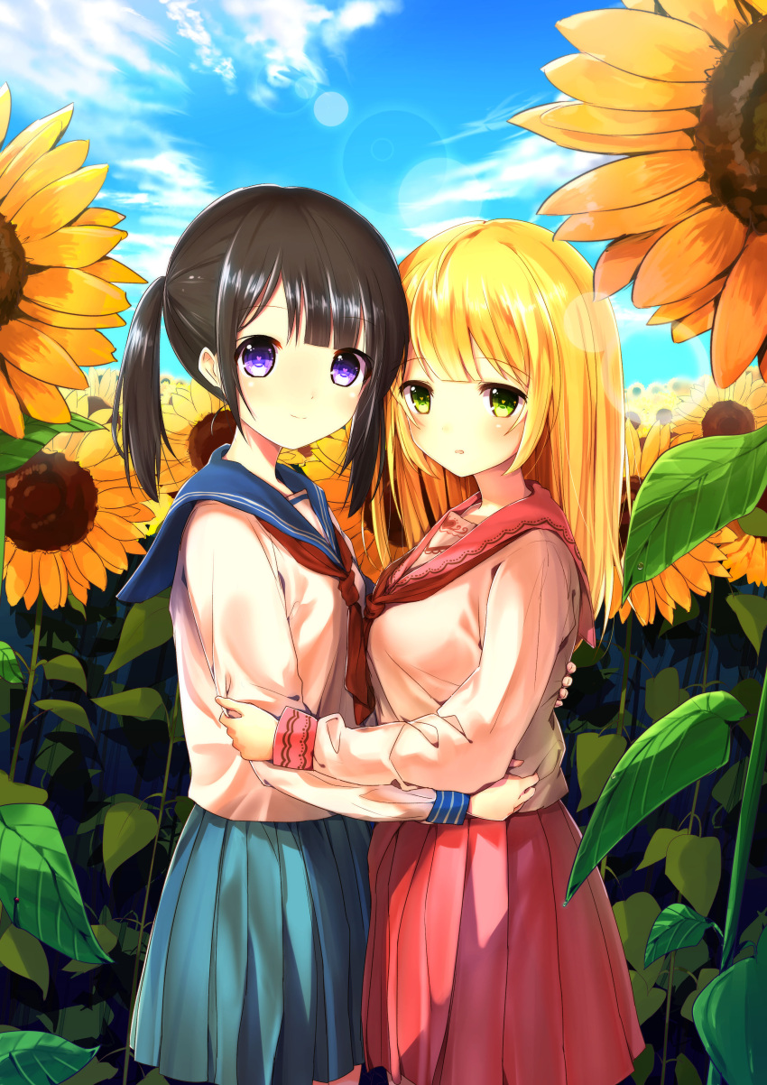 2girls absurdres blonde_hair blue_skirt breasts brown_hair closed_mouth clouds cona_kinaco day eyebrows_visible_through_hair flower from_side green_eyes hand_on_another's_back head_tilt heart heart-shaped_pupils highres lens_flare long_hair long_sleeves looking_at_viewer medium_breasts multiple_girls neckerchief original outdoors parted_lips pleated_skirt red_skirt school_uniform serafuku shirt short_twintails skirt sky smile standing sunflower symbol-shaped_pupils twintails violet_eyes white_shirt