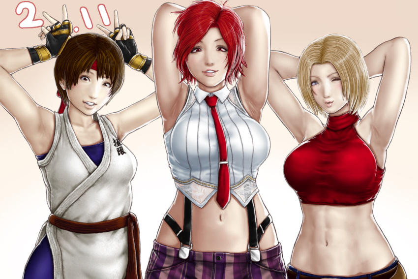 3girls abs armpits blonde_hair blue_mary brown_hair multiple_girls navel nix_(ak-style) redhead the_king_of_fighters vanessa_(king_of_fighters) yuri_sakazaki