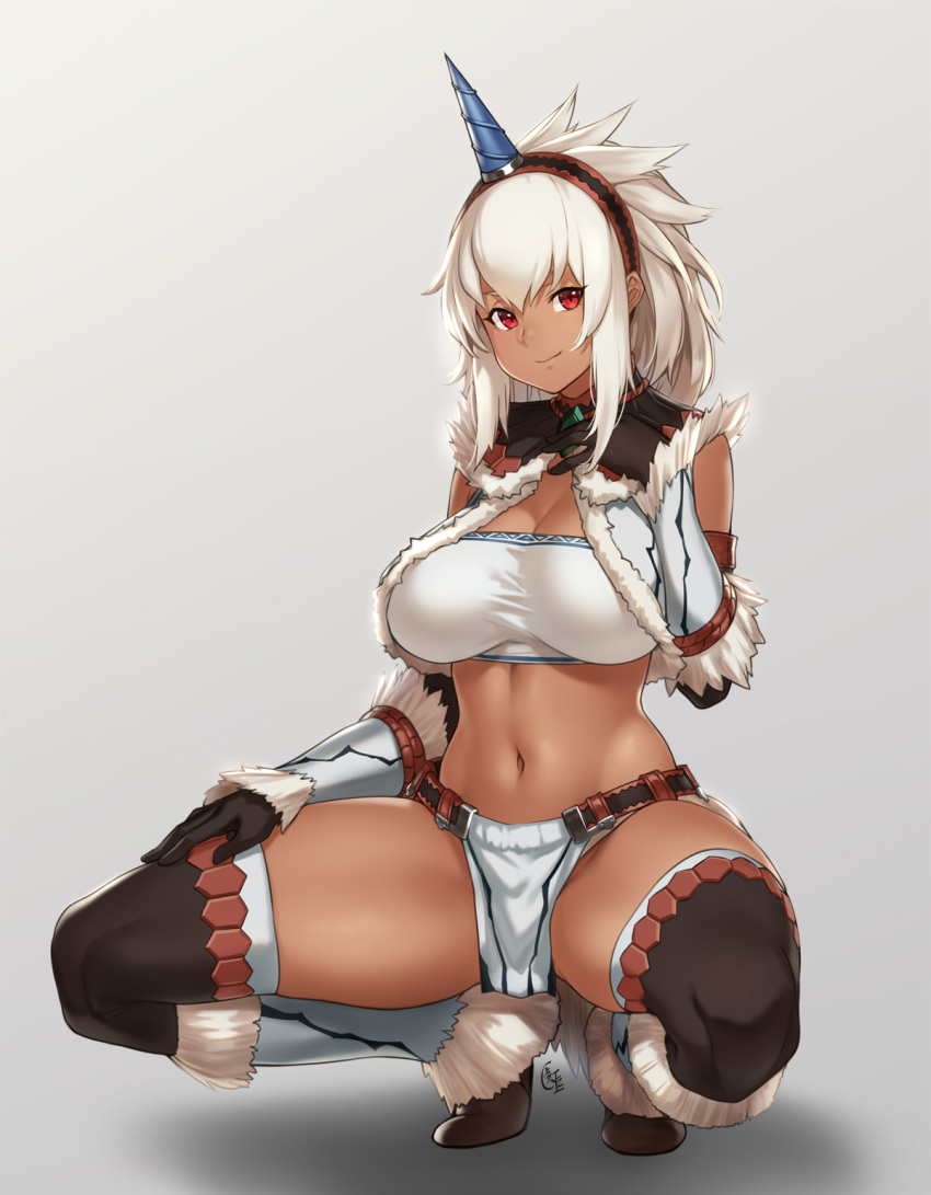 1girl arm_guards bangs belt black_footwear black_gloves boots breasts capelet cleavage closed_mouth dark_skin elbow_gloves fur_trim gem gloves hairband hand_on_own_chest hand_on_own_thigh highres horn houtengeki kirin_(armor) large_breasts loincloth long_hair looking_at_viewer monster_hunter navel red_eyes shin_guards sidelocks signature smile solo stomach thigh-highs thigh_boots two-tone_hairband