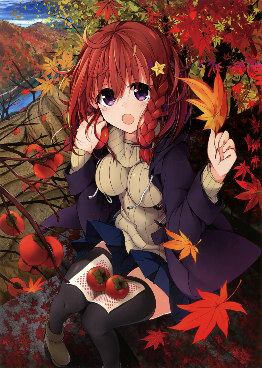 1girl :d absurdres ahoge artist_request autumn_leaves black_legwear blue_skirt braid brown_footwear brown_sweater day eyebrows_visible_through_hair food hair_between_eyes hair_ornament highres holding holding_food long_hair looking_at_viewer miniskirt open_mouth original outdoors pleated_skirt redhead sitting skirt smile solo star star_hair_ornament thigh-highs tomato violet_eyes zettai_ryouiki