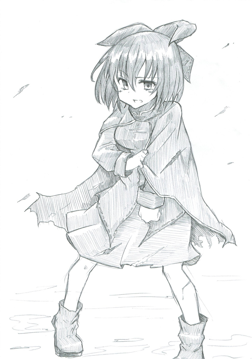 1girl bangs boots bow breasts cape full_body graphite_(medium) greyscale hair_between_eyes hair_bow highres holding_arm injury long_sleeves mahiro_(akino-suisen) medium_breasts monochrome pigeon-toed sekibanki shirt short_hair skirt skirt_set sleeve_cuffs solo standing torn_clothes touhou traditional_media