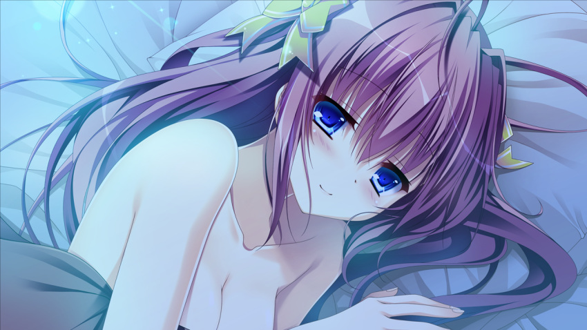 1girl ahoge asamiya_himari blue_eyes blush bow breasts closed_mouth collarbone d.s._-dal_segno- dal_segno long_hair looking_at_viewer lying medium_breasts night nude on_side pillow pink_hair smile takano_yuki_(allegro_mistic) tanihara_natsuki yellow_bow