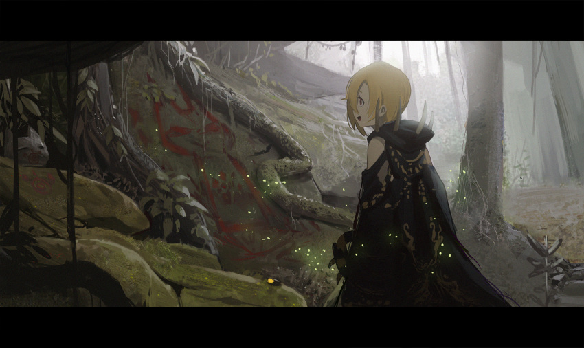 1girl :d blonde_hair chinese_commentary commentary_request day fog forest from_side highres hood hood_down idolmaster idolmaster_cinderella_girls letterboxed light_particles monster_hunter nature open_mouth outdoors profile red_eyes robe shirasaka_koume short_hair sideways_mouth smile solo spikes standing tree waterkuma