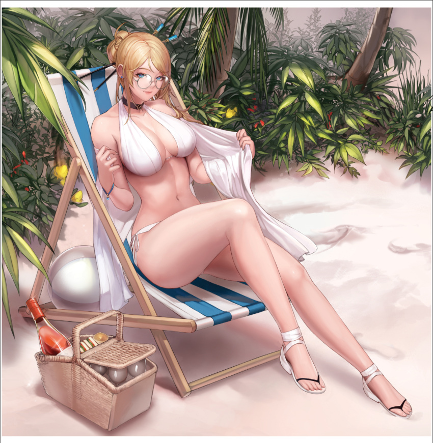 1girl alcohol ball bangs beach beach_chair beachball blonde_hair blue_eyes bottle bracelet breasts choker cleavage collarbone cup drinking_glass dungeon_and_fighter earrings female_gunner_(dungeon_and_fighter) frame from_side full_body hair_bun hair_ornament hair_stick halterneck highres jewelry large_breasts long_hair looking_at_viewer monaim navel panties picnic_basket round_eyewear sand sandals sitting smile solo towel tree underwear wine wine_bottle wine_glass