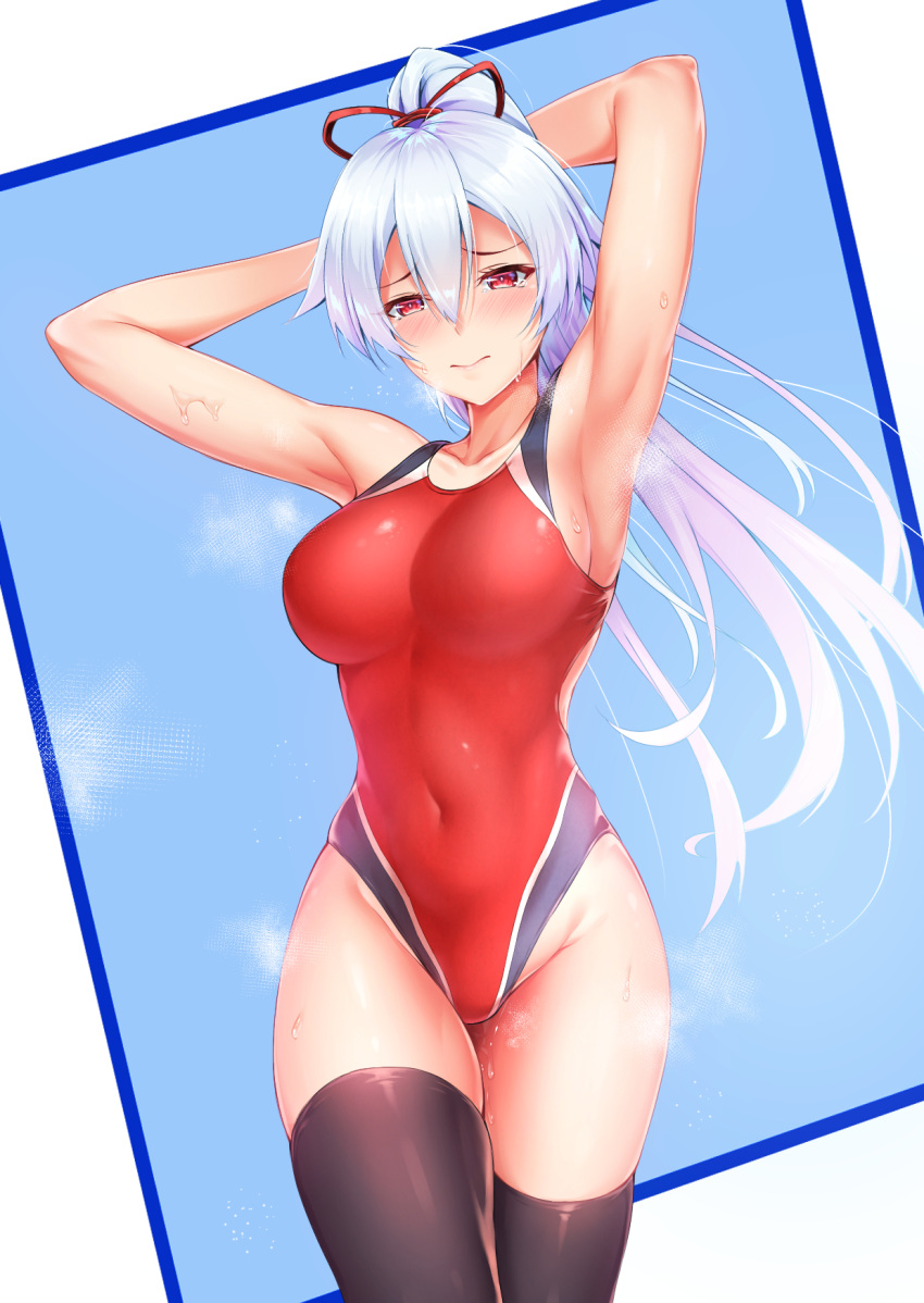 1girl armpits arms_behind_head arms_up black_legwear blush breasts closed_mouth collarbone commentary_request competition_swimsuit covered_navel fate/grand_order fate_(series) hair_between_eyes hair_ribbon highleg highleg_swimsuit highres large_breasts long_hair looking_at_viewer one-piece_swimsuit outside_border ponytail red_eyes red_ribbon red_swimsuit ribbon shiny shiny_clothes silver_hair solo standing sweat swimsuit tearing_up thigh-highs tomoe_gozen_(fate/grand_order) zuizhong