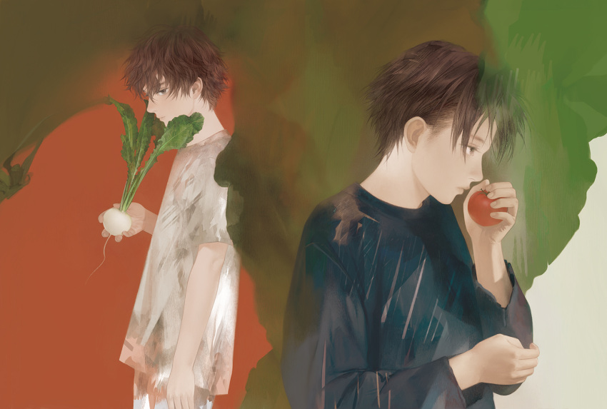 1boy blue_shirt brown_eyes brown_hair closed_mouth commentary_request fingernails hand_up holding long_sleeves looking_at_viewer looking_to_the_side male_focus matayoshi multiple_views original profile shirt short_sleeves smelling tomato turnip white_shirt