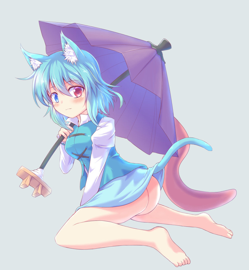 1girl animal_ears ass blue_background blue_eyes blue_hair blush cat_ears cat_tail closed_mouth commentary heterochromia highres karakasa_obake kei_(seiga) looking_at_viewer no_panties red_eyes short_hair simple_background smile tail tatara_kogasa tongue touhou umbrella vest