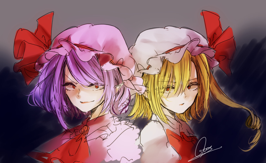 2girls ascot bangs blonde_hair bow closed_mouth flandre_scarlet hat hat_bow long_hair looking_at_viewer mob_cap multiple_girls pointy_ears purple_hair purple_hat red_bow red_eyes remilia_scarlet short_hair side_ponytail signature souta_(karasu_no_ouchi) touhou upper_body white_hat