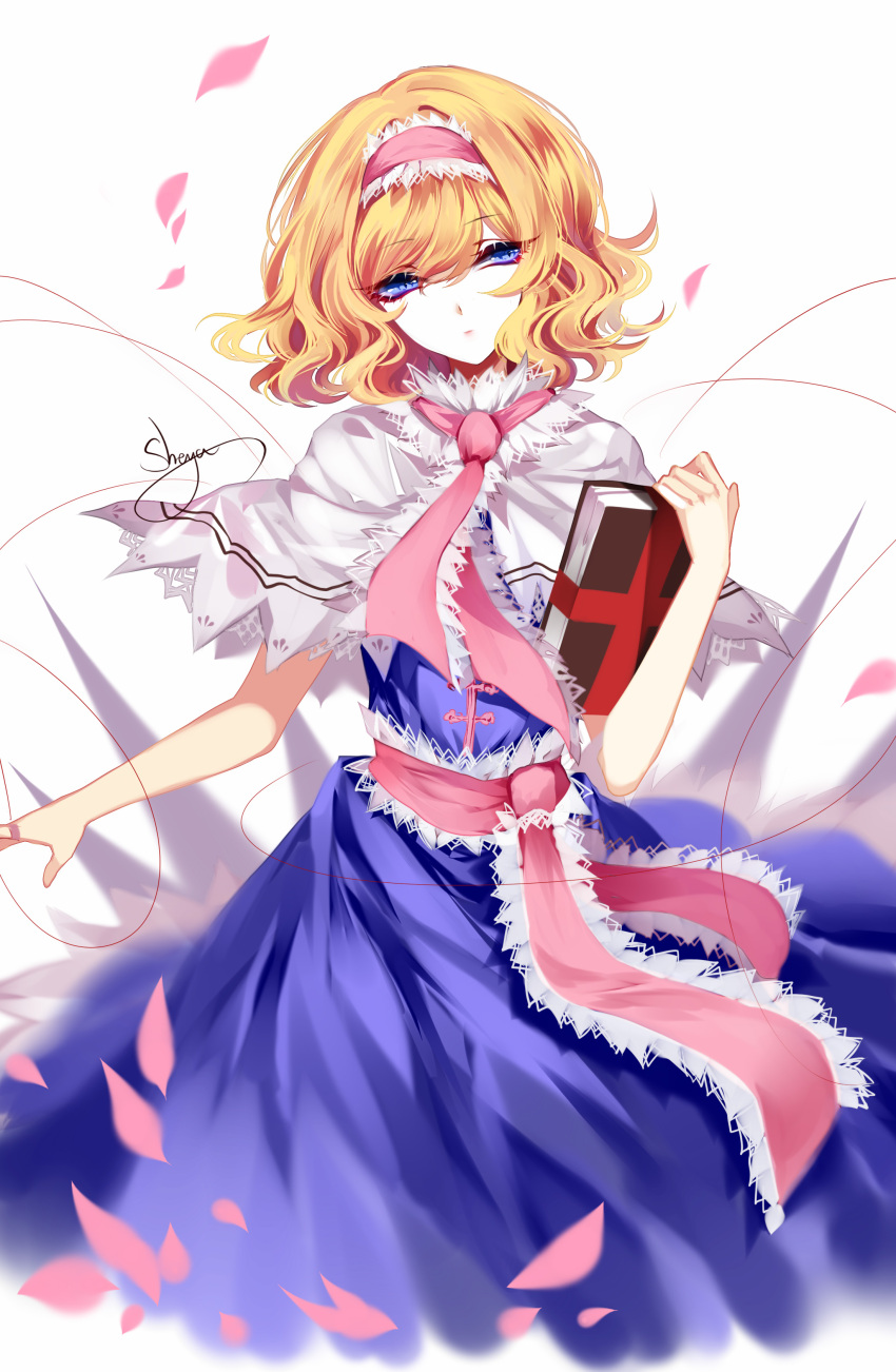 1girl absurdres alice_margatroid artist_name blonde_hair blue_dress blue_eyes book capelet dress expressionless eyebrows_visible_through_hair hairband head_tilt highres holding holding_book lolita_hairband petals pink_hairband pink_neckwear pink_sash sheya short_hair signature solo standing touhou white_capelet