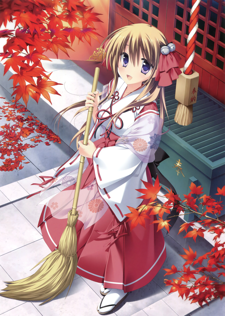 1girl :d absurdres bell blonde_hair day floating_hair floral_print from_above full_body hair_bell hair_between_eyes hair_ornament hakama highres holding japanese_clothes kimono long_hair looking_at_viewer matsushita_makako open_mouth original outdoors red_hakama ribbon-trimmed_sleeves ribbon_trim see-through smile solo standing very_long_hair violet_eyes white_kimono white_legwear
