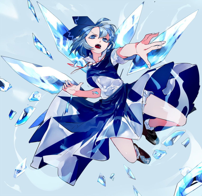 1girl ahoge bent_knees blue_background blue_dress blue_eyes blue_hair cirno commentary_request dress fang fingernails highres ice ice_wings ikurauni multicolored_footwear neck_ribbon open_mouth red_ribbon ribbon short_hair short_sleeves short_socks socks solo touhou v-shaped_eyebrows white_bloomers white_legwear wings