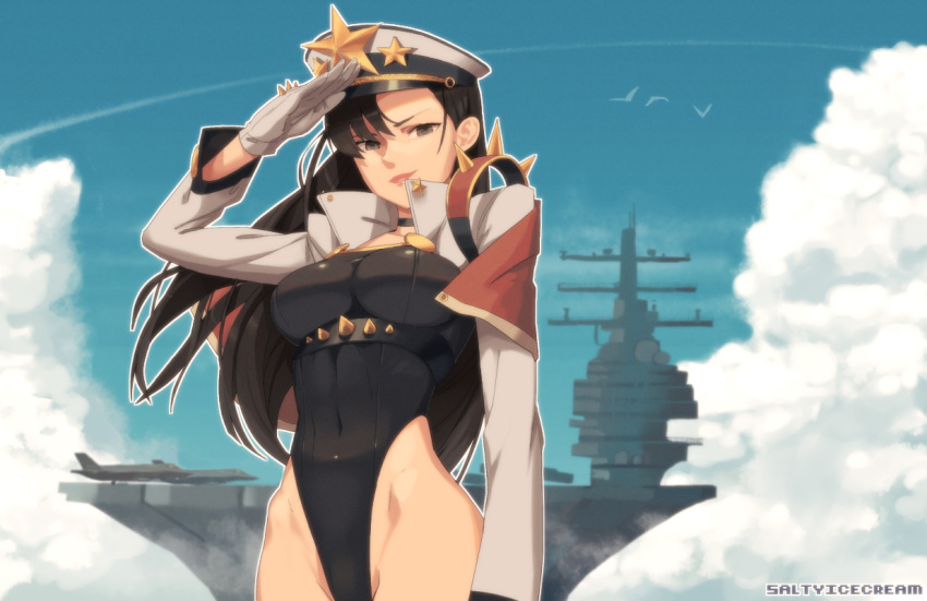 1girl aircraft_carrier artist_name bangs black_eyes black_hair black_leotard breasts capelet closed_eyes copyright_request gloves hand_up hat highleg highleg_leotard jacket large_breasts leotard long_sleeves looking_at_viewer military military_vehicle peaked_cap saltyicecream salute ship smile solo spikes upper_body warship watercraft white_gloves white_jacket