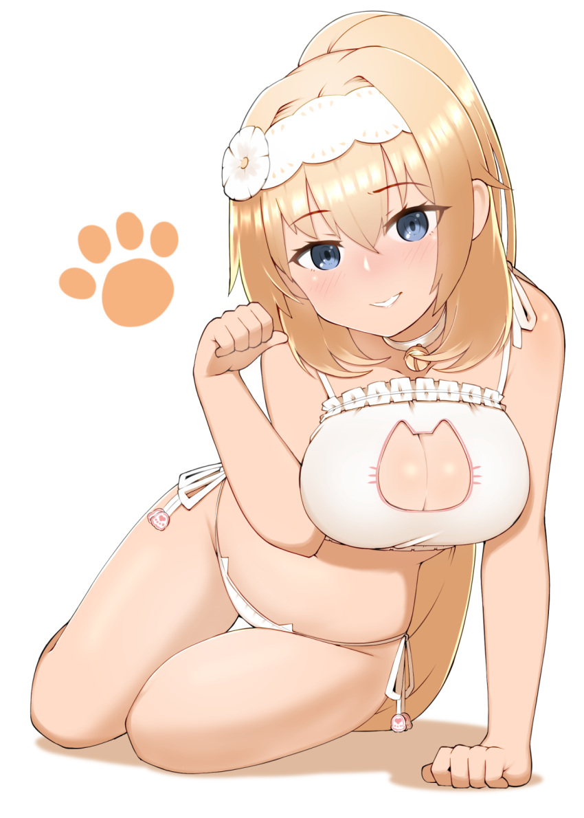 1girl bell bell_choker blonde_hair blue_eyes bra breasts cat_cutout cat_ear_panties cat_lingerie choker cleavage_cutout duke_of_york_(zhan_jian_shao_nyu) frilled_bra frills highres jingle_bell large_breasts long_hair looking_at_viewer meme_attire panties paw_pose paw_print radiance side-tie_panties smile solo underwear underwear_only white_background white_bra white_panties zhan_jian_shao_nyu