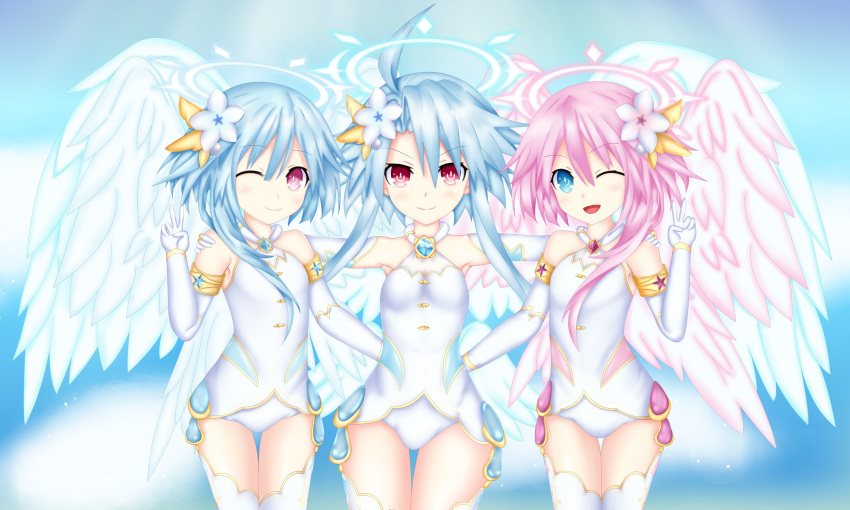 3girls ;) ;d absurdres armpits bare_shoulders blue_eyes blue_hair clouds cloudy_sky cosplay cowboy_shot day elbow_gloves feathered_wings flower four_goddesses_online:_cyber_dimension_neptune gloves hair_between_eyes hair_flower hair_ornament halo hand_on_another's_shoulder hand_up hands_on_another's_waist highres jewelry leotard multiple_girls neptune_(series) one_eye_closed open_mouth pink_eyes pink_hair power_symbol red_eyes rhapsofree short_hair short_hair_with_long_locks siblings side_ponytail sisters sky smile symbol-shaped_pupils thigh-highs twins v white_gloves white_heart white_heart_(cosplay) white_legwear white_leotard white_sister_ram white_sister_rom white_wings wings