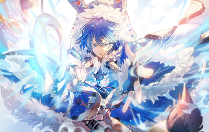 1boy blue_coat blue_eyes blue_hair coat commentary_request fingerless_gloves fur_coat gloves highres hood hood_up last_period light_particles male_focus nero_(last_period) outstretched_arms outstretched_hand solo staff tsugutoku tsurime