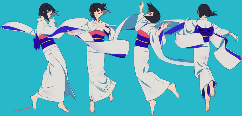 1girl bangs barefoot black_hair blue_background blunt_bangs brown_eyes closed_eyes closed_mouth dancing eyebrows_visible_through_hair eyeshadow facing_viewer grey_kimono highres japanese_clothes kimono long_sleeves looking_at_viewer makeup multiple_views obi original outstretched_arms parted_lips sash short_hair simple_background umishima_senbon wide_sleeves