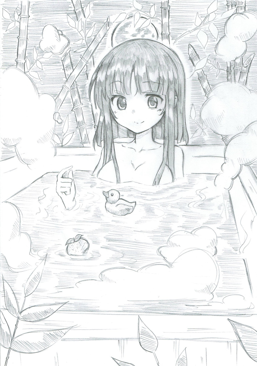 1girl bamboo bamboo_forest bare_shoulders bath bathing bathtub breasts bubble_bath closed_mouth collarbone commentary_request forest graphite_(medium) greyscale highres houraisan_kaguya large_breasts mahiro_(akino-suisen) medium_hair monochrome moon nature nude rubber_duck sidelocks smile soap_bubbles solo touhou toy traditional_media upper_body