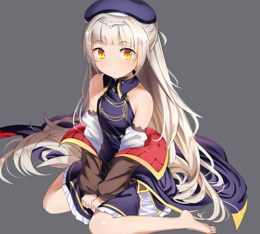 1girl azur_lane bangs bare_shoulders barefoot beret blush breasts commentary_request eyebrows_visible_through_hair hair_ornament hat highres iron_cross long_hair looking_at_viewer silver_hair simple_background sitting small_breasts solo very_long_hair wan_(calvin840203) wariza yellow_eyes z46_(azur_lane)