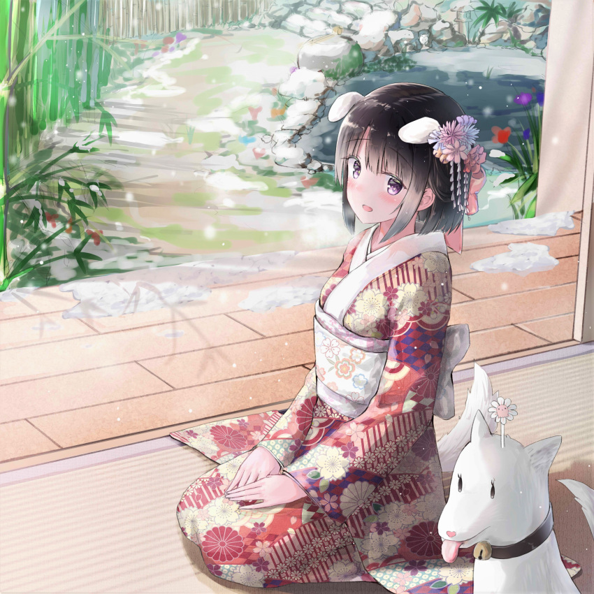 1girl absurdres animal animal_ears bell black_hair blush bow dog dog_ears dog_tail floral_print flower full_body garden hair_bow hair_flower hair_ornament highres indoors japanese_clothes jingle_bell kayakooooo kimono long_hair long_sleeves looking_at_viewer medium_hair on_floor original own_hands_together path pink_bow pond red_kimono revision road rock seiza shiny shiny_hair sitting sliding_doors snow spring_(season) tail tatami tongue tongue_out water white_flower wide_sleeves