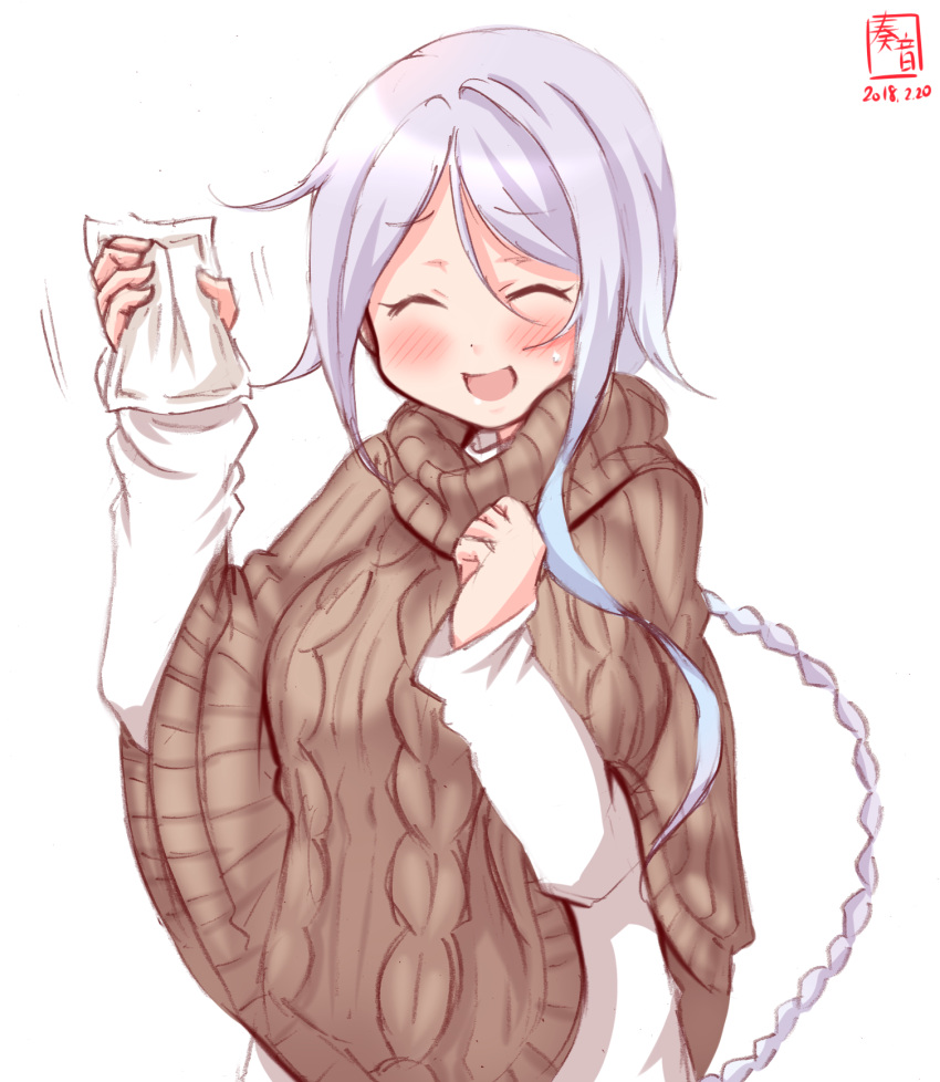 1girl alternate_costume braid brown_sweater closed_eyes commentary_request highres kanon_(kurogane_knights) kantai_collection long_hair open_mouth packet silver_hair simple_background smile solo umikaze_(kantai_collection) very_long_hair white_background